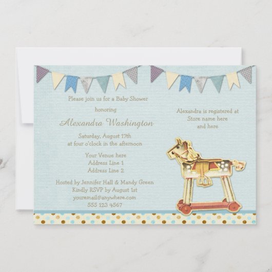 ヴィンテージトイホースベビーインクリブボーイズベビーシャワー 招待状 (裏面)