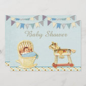 ヴィンテージトイホースベビーインクリブボーイズベビーシャワー 招待状 (正面/裏面)