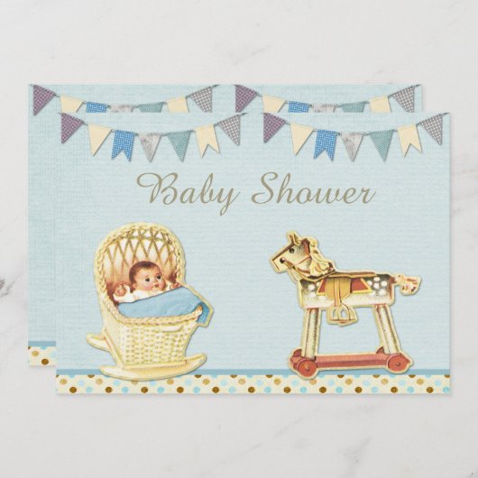 ヴィンテージトイホースベビーインクリブボーイズベビーシャワー 招待状 (正面/裏面)