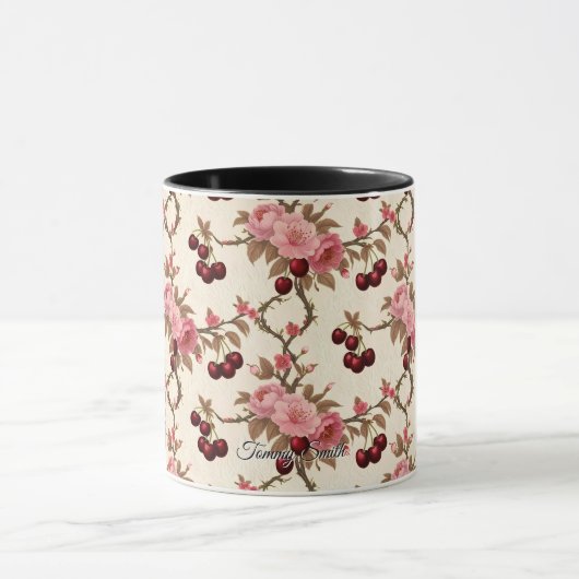 ヴィンテージトイルさくらんぼパターンマグ – アンティークチャーム マグカップ (中央)