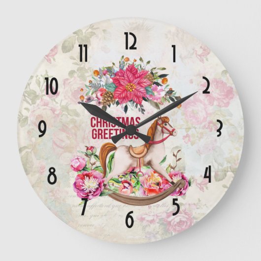 ヴィンテージトイロッキングホース&ポインセチア ラージ壁時計 (正面)
