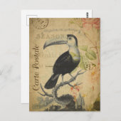 ヴィンテージトゥーカンバードピンクローズフローラ ポストカード (正面/裏面)