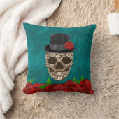 ヴィンテージトップハットレッドローゼスフローラ男性砂糖スカル クッション (ブランケット)