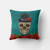 ヴィンテージトップハットレッドローゼスフローラ男性砂糖スカル クッション (裏面)