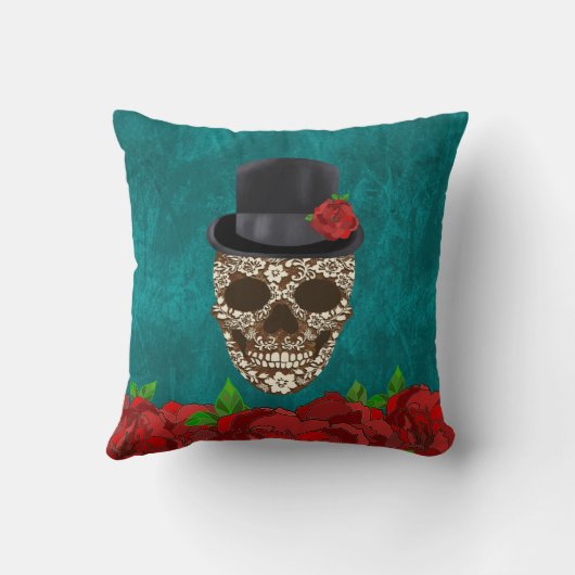 ヴィンテージトップハットレッドローゼスフローラ男性砂糖スカル クッション (裏面)