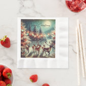 ヴィンテージトナカイとクリスマスライト 縁ありランチョンナプキン (インサイチュ)