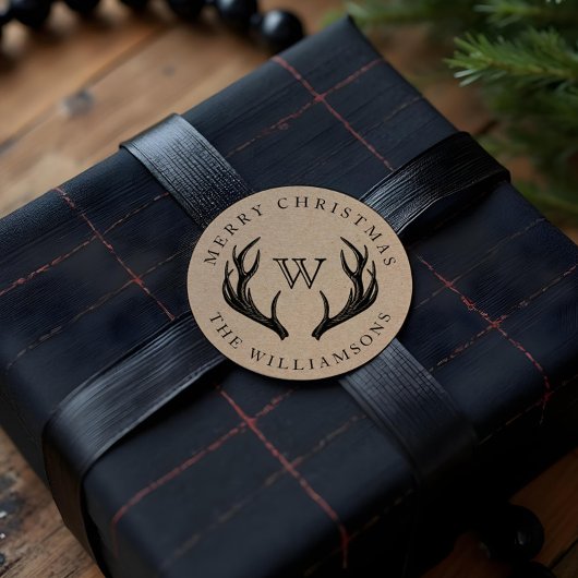 ヴィンテージトナカイ〔雄ジカの〕枝角ファミリーモノグラムクリスマス ラウンドシール