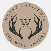 ヴィンテージトナカイ〔雄ジカの〕枝角ファミリーモノグラムクリスマス ラウンドシール (正面)