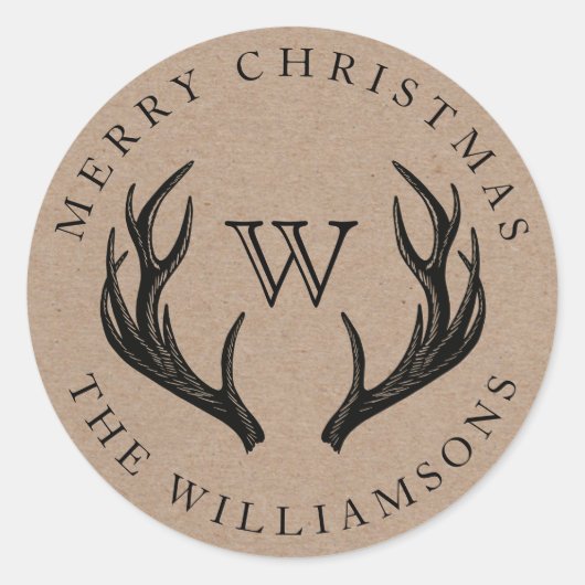 ヴィンテージトナカイ〔雄ジカの〕枝角ファミリーモノグラムクリスマス ラウンドシール (正面)