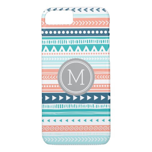 ヴィンテージトバルストライプズ模様コーラルブルーモノグラム Case-Mate iPhoneケース (裏面)