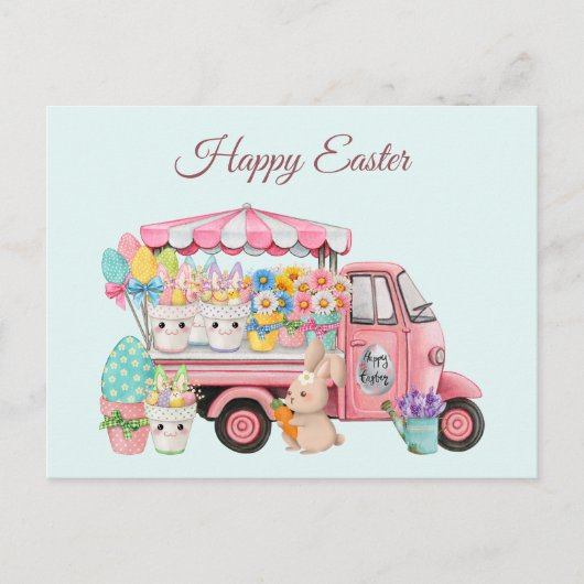 ヴィンテージトラックとイースターの花と卵 ポストカード (正面)