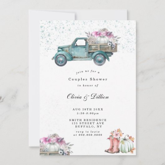 ヴィンテージトラックとカボチャのカップルのシャワー招待状 (正面)