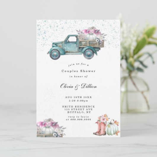 ヴィンテージトラックとカボチャのカップルのシャワー招待状 (スタンド正面)