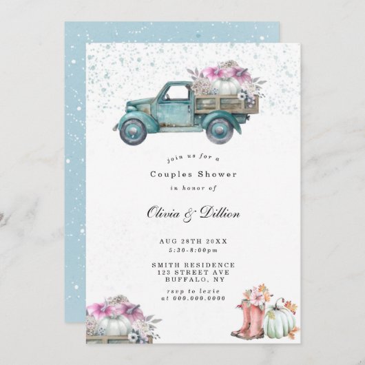 ヴィンテージトラックとカボチャのカップルのシャワー招待状 (正面/裏面)
