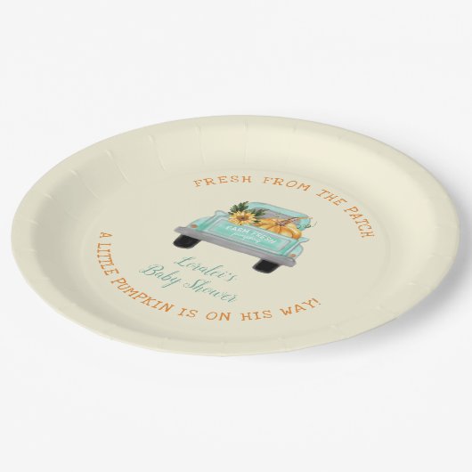 ヴィンテージトラックとカボチャ秋ベビーシャワー ペーパープレート (アングル)