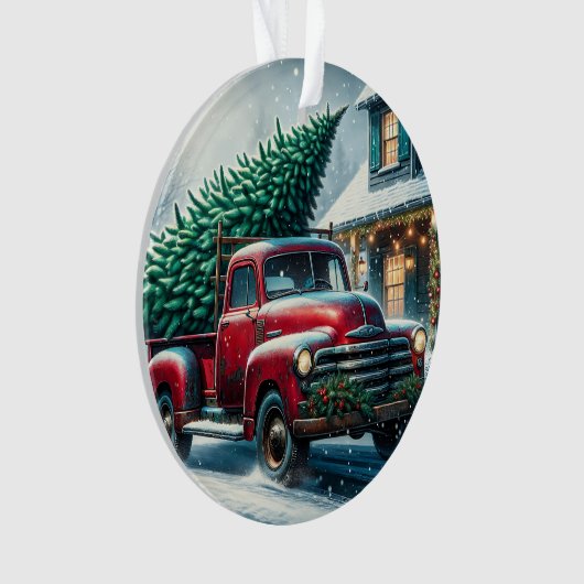 ヴィンテージトラックとクリスマスツリーパーソナライズされた オーナメント (正面)