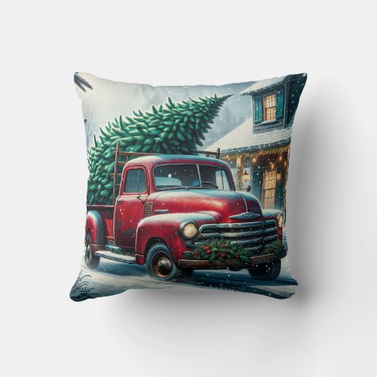 ヴィンテージトラックとクリスマスツリーパーソナライズされた クッション (裏面)