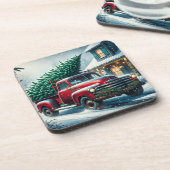 ヴィンテージトラックとクリスマスツリーパーソナライズされた コースター (左側)
