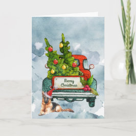 ヴィンテージトラックとドイツの羊飼い水彩画 カード