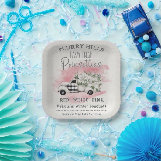 ヴィンテージトラックとホワイトポインセチア農場新鮮なパップ ペーパープレート (パーティー)