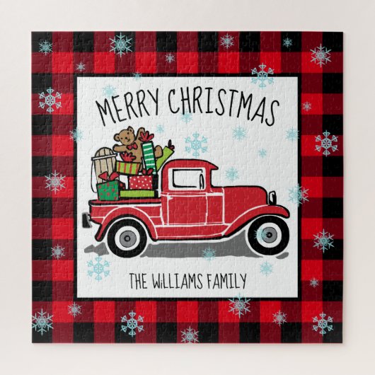 ヴィンテージトラックのおもちゃクリスマスネームスクエア ジグソーパズル (縦)