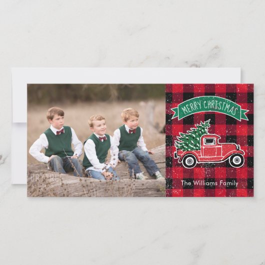 ヴィンテージトラックのクリスマスツリー 赤いバッファロープレイド シーズンカード (正面)