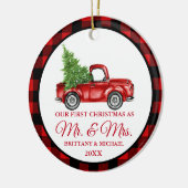 ヴィンテージトラックの初めてのクリスマスミスター・アンド・ミセス・プレイド セラミックオーナメント (左)