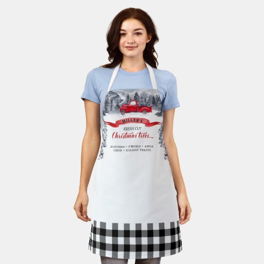 ヴィンテージトラックの新しい切り木、黒いバッファロープレイド エプロン (着用した状態)