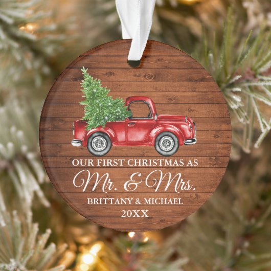 ヴィンテージトラックの木材初めてのクリスマスミスターとミセス オーナメント (ツリー)