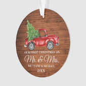 ヴィンテージトラックの木材初めてのクリスマスミスターとミセス オーナメント (正面)