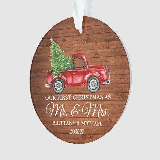 ヴィンテージトラックの木材初めてのクリスマスミスターとミセス オーナメント (正面)