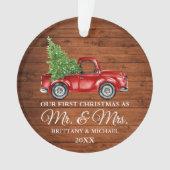 ヴィンテージトラックの木材初めてのクリスマスミスターとミセス オーナメント (正面)
