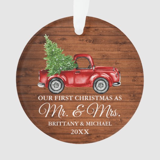 ヴィンテージトラックの木材初めてのクリスマスミスターとミセス オーナメント (正面)