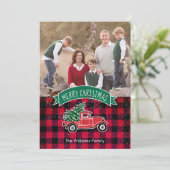 ヴィンテージトラックの赤いバフォーチェック柄ホリデー写真カード シーズンカード (スタンド正面)