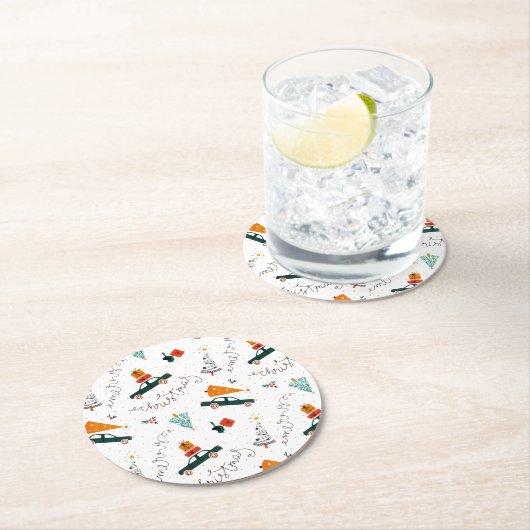 ヴィンテージトラックウィンターグリーンパインツリークリスマス ラウンドペーパーコースター (インサイチュ)