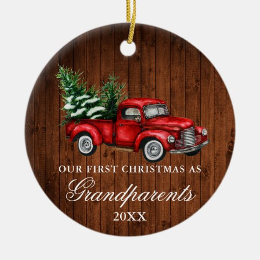 ヴィンテージトラックウッド祖父母クリスマス セラミックオーナメント (正面)