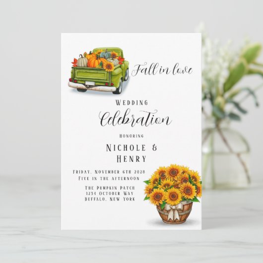ヴィンテージトラックカボチャひまわり結婚の展開 招待状 (スタンド正面)