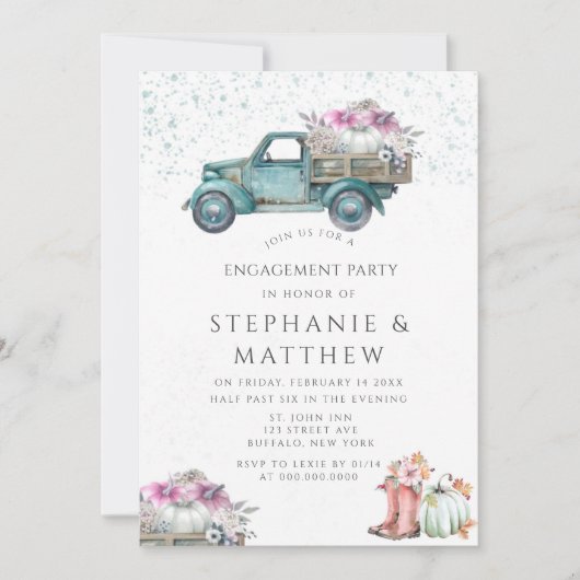 ヴィンテージトラックカボチャ及びフローラ婚約パーティ 招待状 (正面)