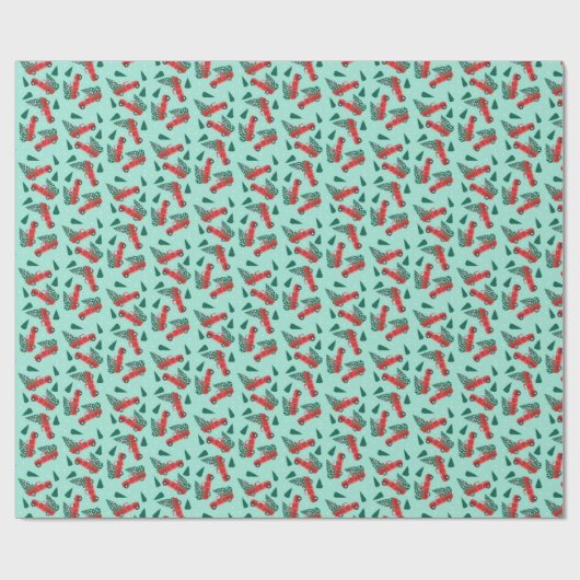 ヴィンテージトラッククリスマスツリーパターンレッドグリーン ラッピングペーパー (フラット)