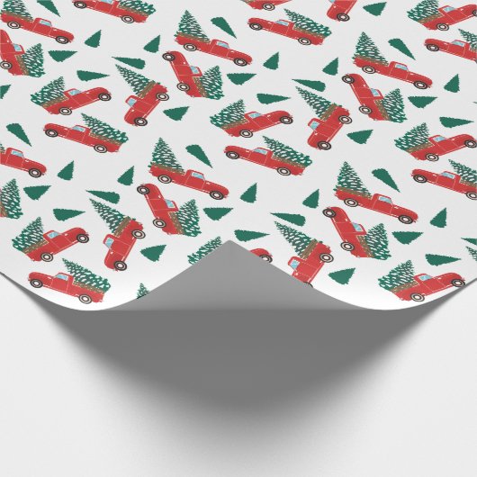 ヴィンテージトラッククリスマスツリーパターンレッド ラッピングペーパー (角)