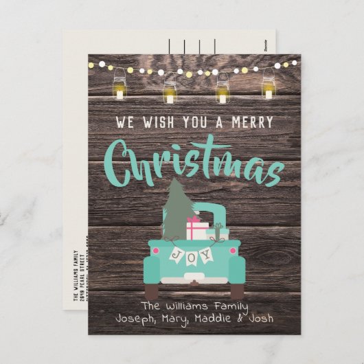 ヴィンテージトラッククリスマスハガキ素朴ウッド シーズンポストカード (正面/裏面)