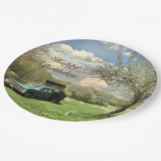 ヴィンテージトラックサンセットハッピーバースデー ペーパープレート (アングル)