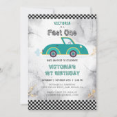 ヴィンテージトラックスピードスポーツレースカー誕生日 招待状 (正面)