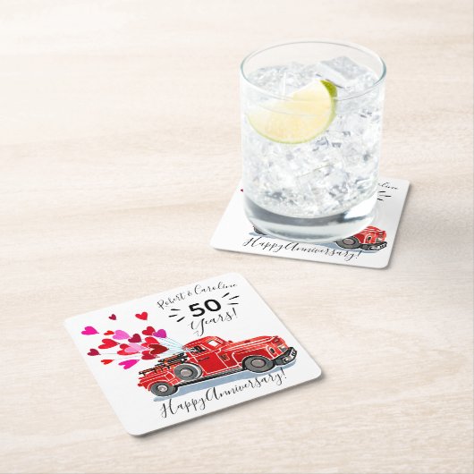 ヴィンテージトラックハート記念日の名前の追加 スクエアペーパーコースター (インサイチュ)