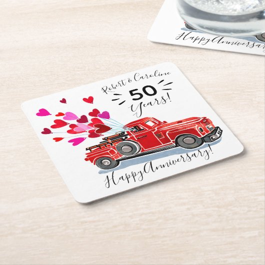 ヴィンテージトラックハート記念日の名前の追加 スクエアペーパーコースター (アングル)