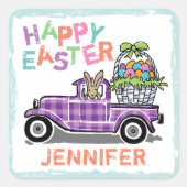 ヴィンテージトラックパープルギンガムハッピーイースターバニー スクエアシール (正面)