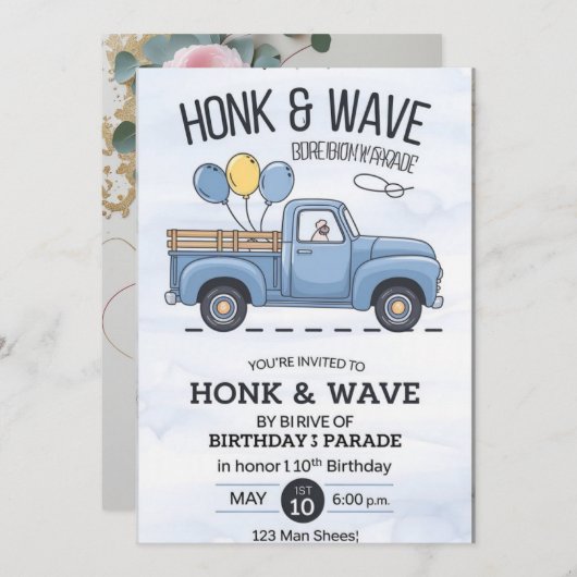 ヴィンテージトラックホンク&ウェーブ誕生日パレードインビタティ 招待状 (正面/裏面)