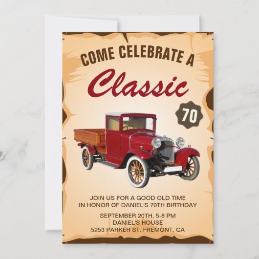 ヴィンテージトラックマイルストーンバースデーパーティーの招待 招待状 (正面)