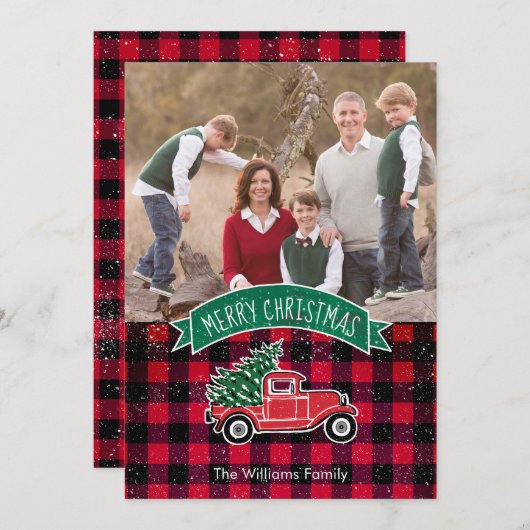 ヴィンテージトラックレッドバッファロープレイドホリデーフォトカード シーズンカード (正面/裏面)
