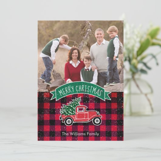 ヴィンテージトラックレッドバッファロープレイドホリデーフォトカード シーズンカード (スタンド正面)